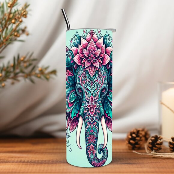 Pink and Blue Mandala Elephant 20 oz Tumbler - Picture 4 of 5